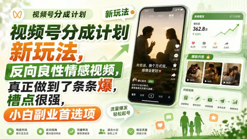 视频号分成计划新玩法，反向良性情感视频，真正做到了条条爆，槽点很强，小白副业首选项-来缘阁