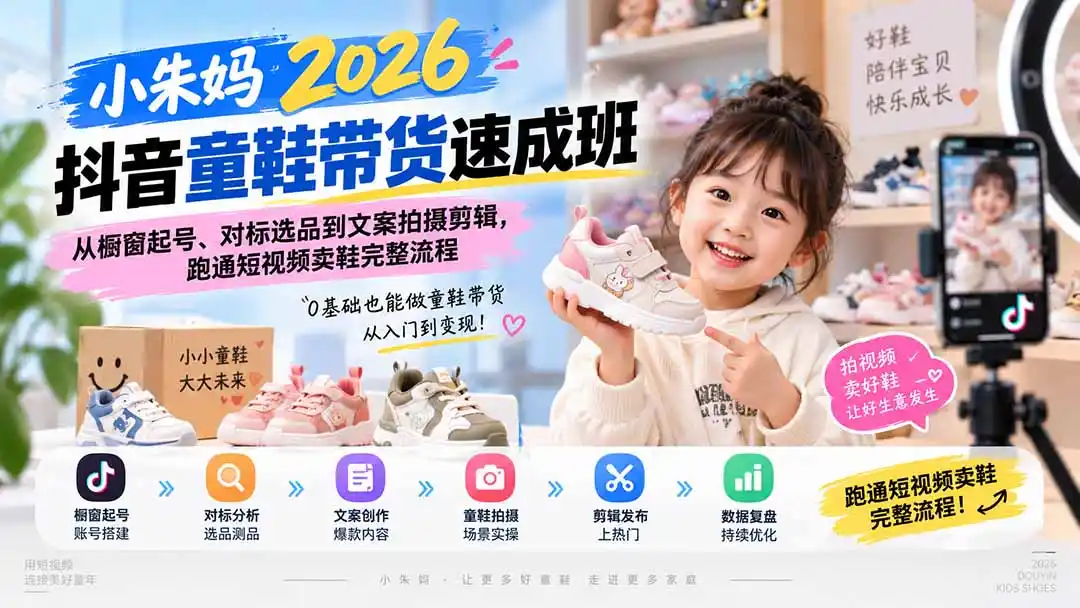 小朱妈2026抖音童鞋带货速成班：从橱窗起号、对标选品到文案拍摄剪辑，跑通短视频卖鞋完整流程-来缘阁