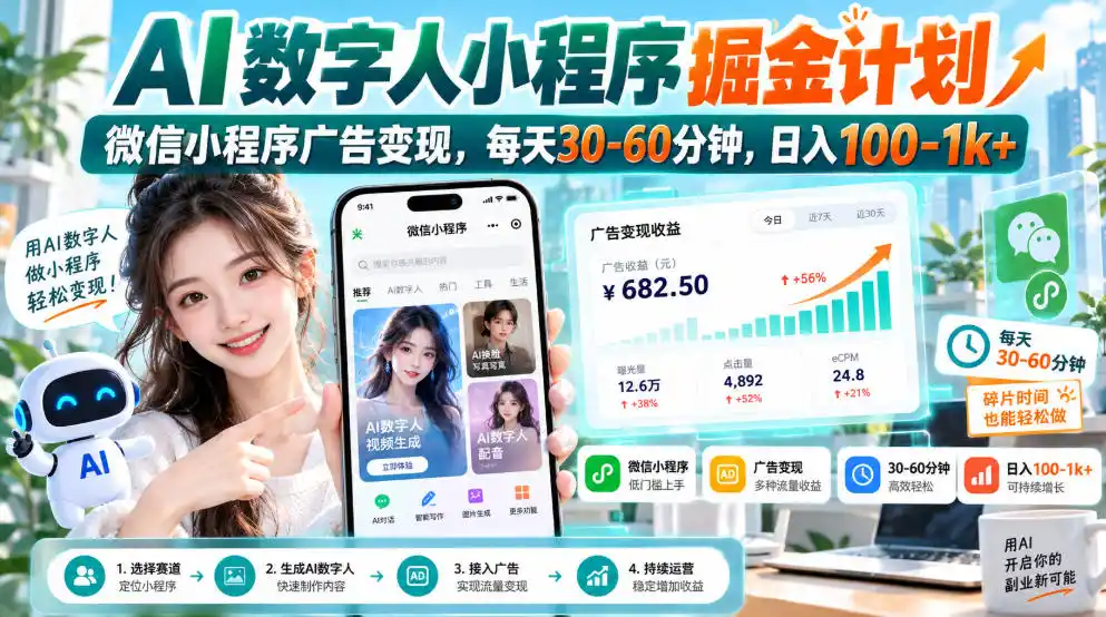 【无水印】AI数字人小程序掘金计划,微信小程序广告变现,每天30‑60分钟,日入100‑1k+-来缘阁