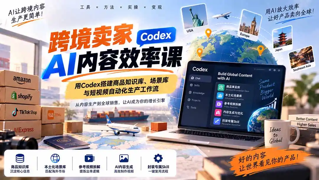 跨境卖家AI内容效率课：用Codex搭建商品知识库、场景库与短视频自动化生产工作流-来缘阁