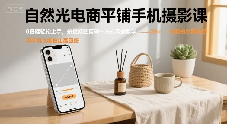 自然光电商平铺手机摄影课，0基础轻松上手，拍摄修图剪辑一站式实操教学，用手机也能拍出高级感-来缘阁