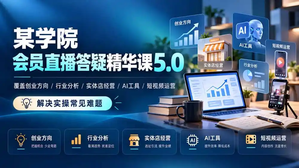 某学院会员直播答疑精华课5.0:覆盖创业方向、行业分析、实体店经营、AI工具和短视频运营,解决实操常见难题!-来缘阁