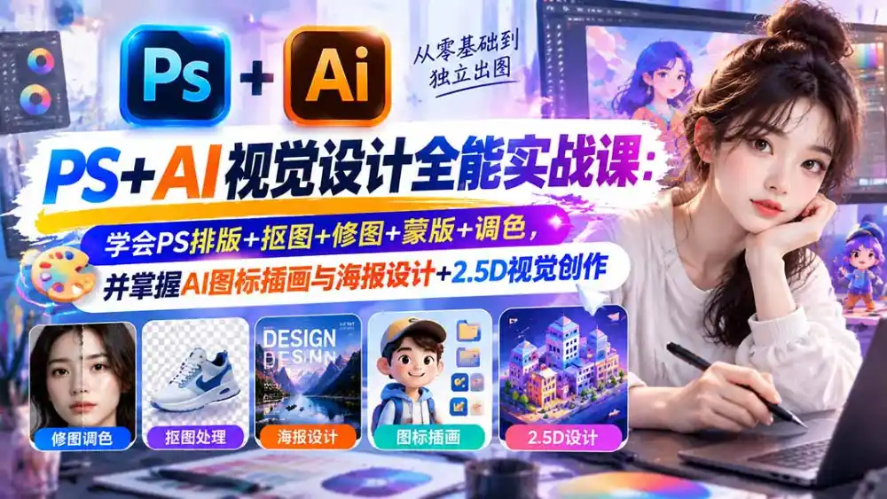 【无水印】PS+AI视觉设计全能实战课：学会PS排版+抠图+修图+蒙版+调色，并掌握AI图标插画与海报设计+2.5D视觉创作-来缘阁