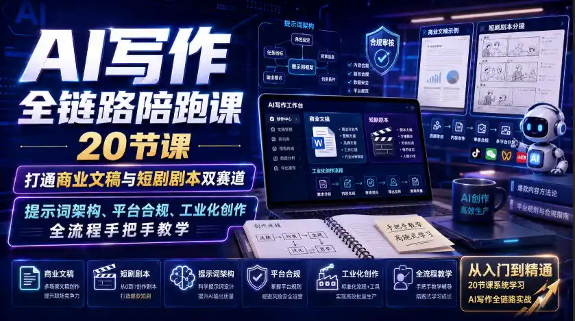AI写作全链路陪跑课|20节课打通商业文稿与短剧剧本双赛道,提示词架构、平台合规、工业化创作全流程手把手教学-来缘阁