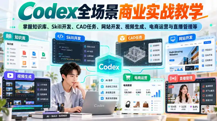 Codex全场景商业实战教学，掌握知识库、Skill开发、CAD任务、网站开发、视频生成、电商运营与直播管理等(更新1010)-来缘阁