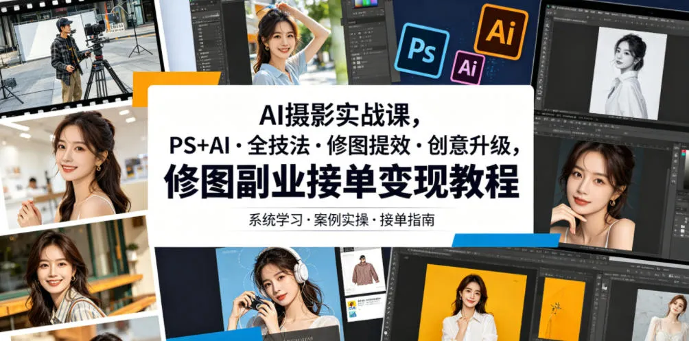 AI摄影实战课,PS+AI・全技法・修图提效・创意升级,修图副业接单变现教程-来缘阁