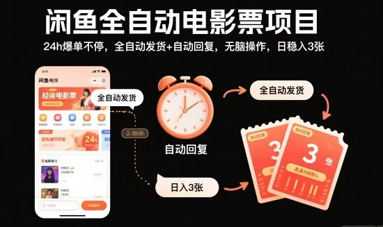 闲鱼全自动电影票项目,24h爆单不停,全自动发货+自动回复,无脑操作,日稳入3张【揭秘】-来缘阁