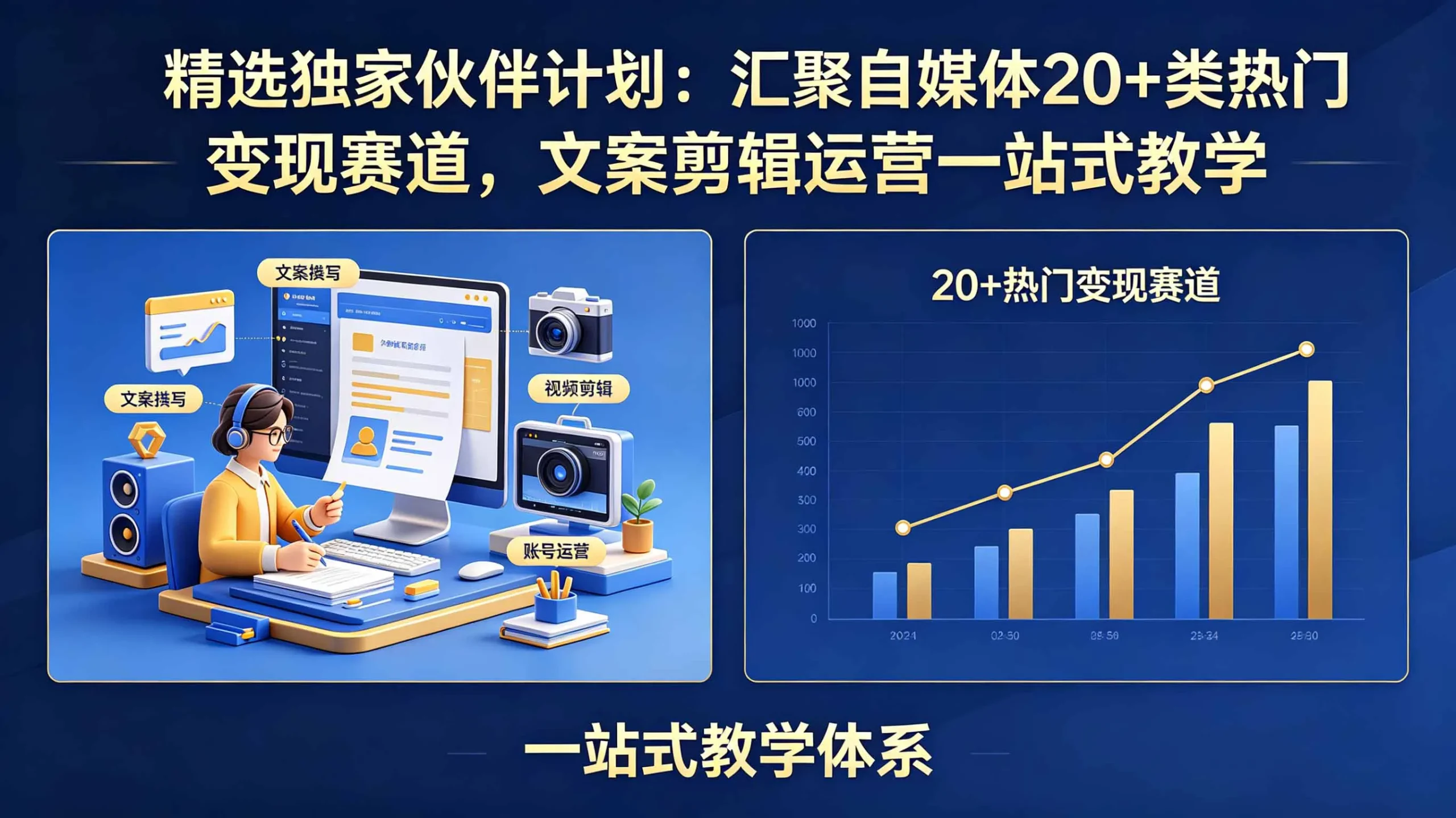 精选独家伙伴计划：汇聚自媒体20+类热门变现赛道，文案剪辑运营一站式教学-来缘阁