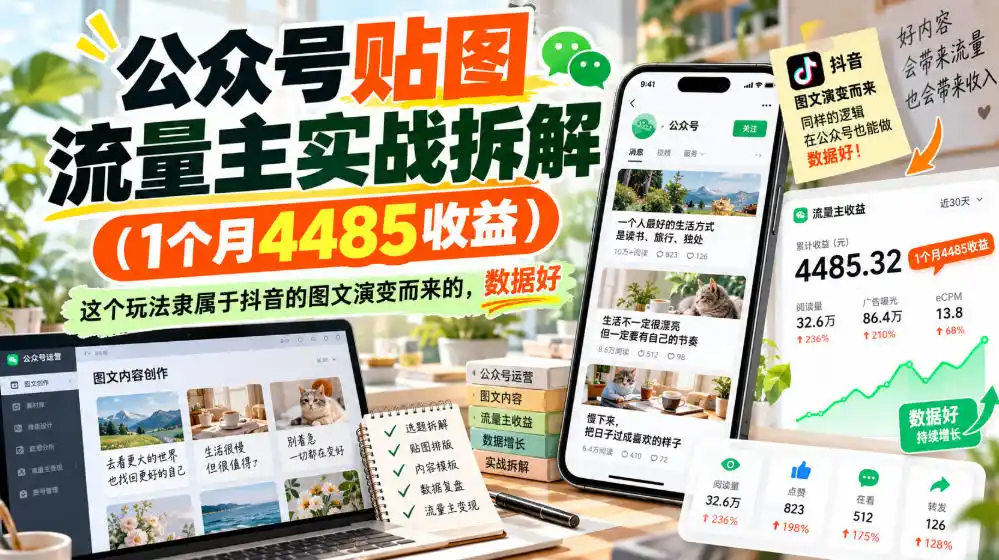 公众号贴图流量主实战拆解(1个月4485收益)，这个玩法隶属于抖音的图文演变而来的，数据好-来缘阁