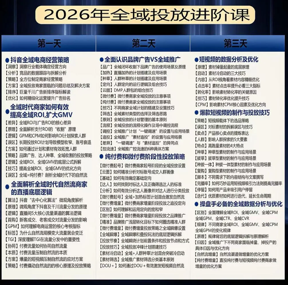 千川扫地僧2026抖音全域投放进阶课，少走弯路·快速起量·掌控增长，6月12-14号杭州线下课(更新)-来缘阁