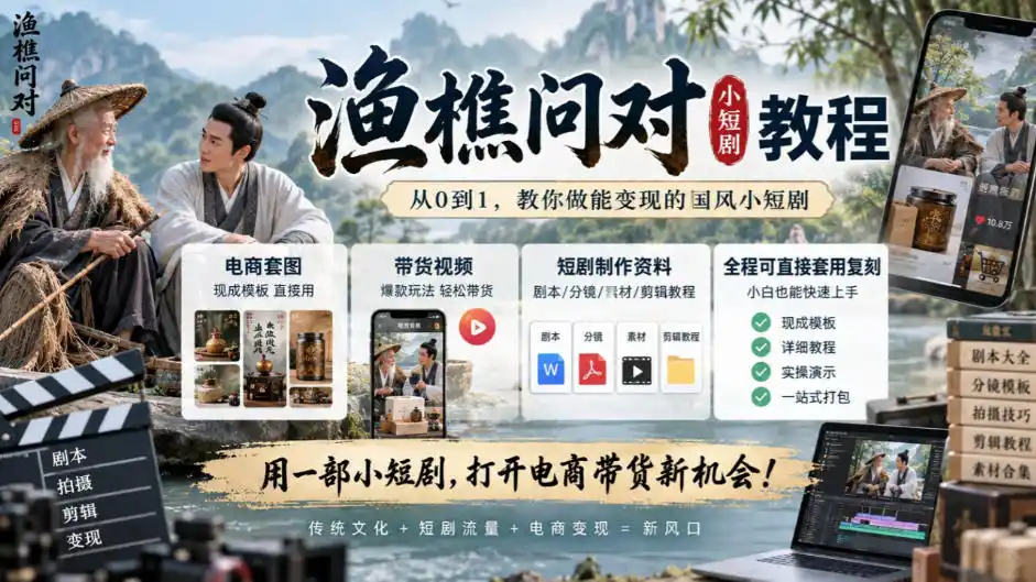 渔樵问对小短剧教程，包含电商套图、带货视频，短剧制作资料，全程可直接套用复刻-来缘阁