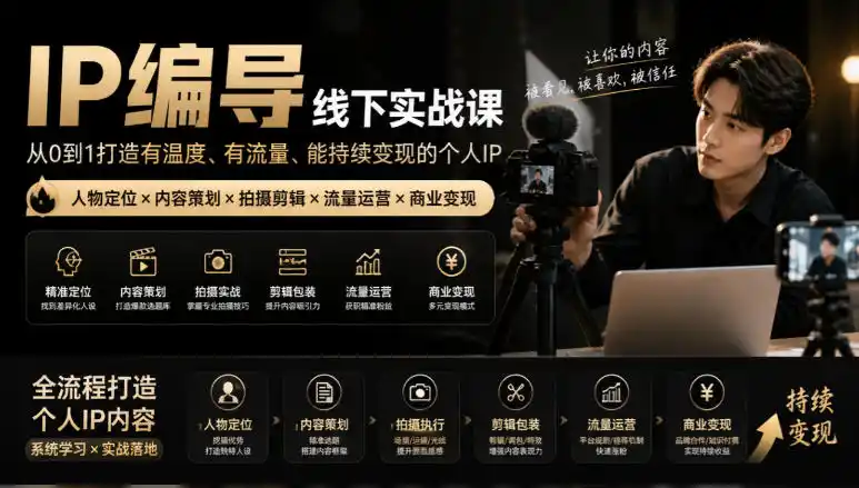 【无水印】IP编导线下实战课，从人物定位到短视频拍摄剪辑，全流程打造有温度、有流量、能持续变现的个人IP内容-来缘阁