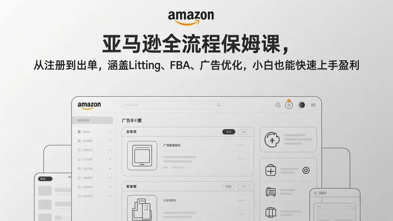 亚马逊全流程保姆课，从注册到出单，涵盖Listing、FBA、广告优化，小白也能快速上手盈利-来缘阁