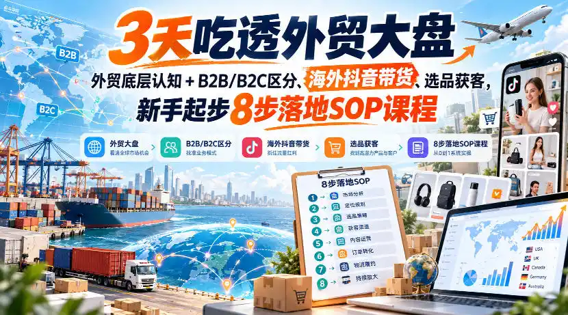3天吃透外贸大盘，外贸底层认知+B2B/B2C区分、海外抖音带货、选品获客，新手起步8步落地SOP课程-来缘阁