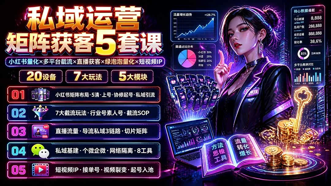 私域运营矩阵获客5套课：小红书量化×多平台截流×直播获客×绿泡泡量化×短视频IP×20设备×7大玩法-来缘阁