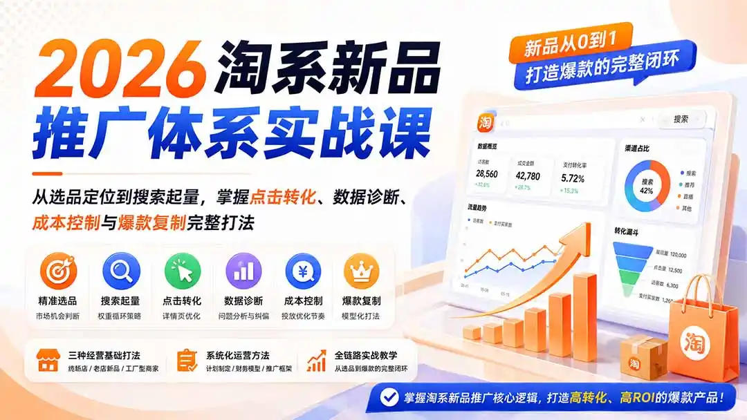 2026淘系新品推广体系实战课：从选品定位到搜索起量，掌握点击转化、数据诊断、成本控制与爆款复制完整打法-来缘阁