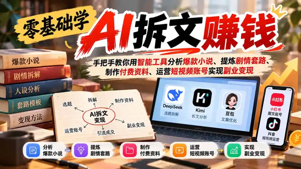 零基础学AI拆文赚钱：手把手教你用智能工具分析爆款小说、提炼剧情套路、制作付费资料、运营短视频账号实现副业变现-来缘阁