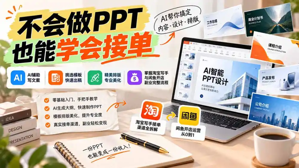 不会做PPT也能学会接单：AI辅助写文案、挑模板、做排版，掌握淘宝写手与闲鱼开店副业完整流程-来缘阁
