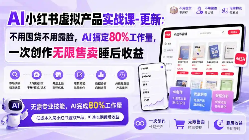AI小红书虚拟产品实战课-更新1017：不用囤货不用露脸，AI搞定80%工作量，一次创作无限售卖睡后收益-来缘阁