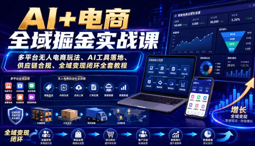 AI+电商全域掘金实战课|多平台无人电商玩法、AI工具落地、供应链合规、全域变现闭环全套教程-来缘阁