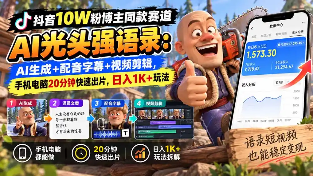 【无水印】抖音10W粉博主同款赛道AI光头强语录：AI生成+配音字幕+视频剪辑，手机电脑20分钟快速出片，日入1K+玩法-来缘阁