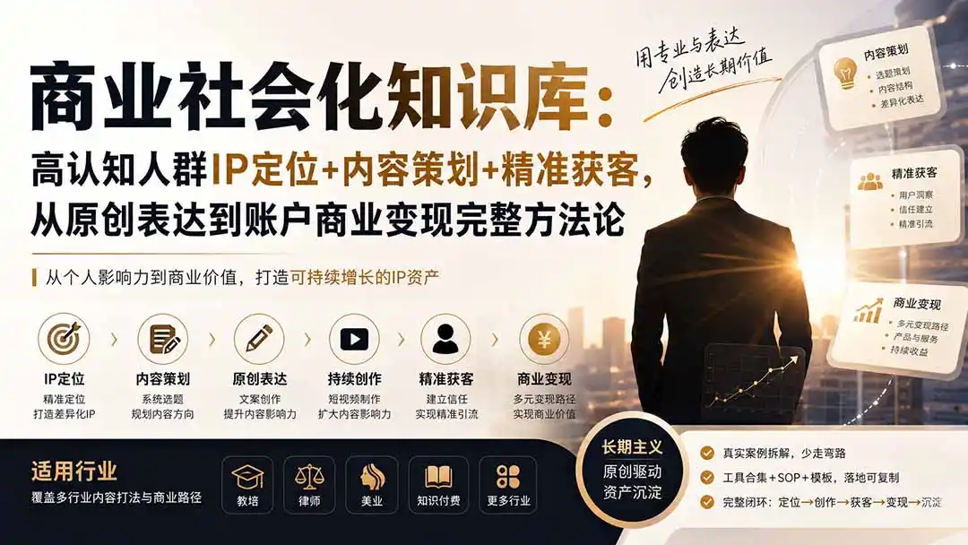 商业社会化知识库：高认知人群IP定位+内容策划+精准获客，从原创表达到账户商业变现完整方法论-来缘阁