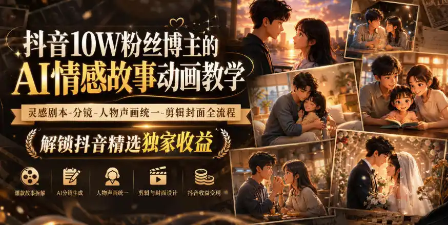 抖音10W粉丝博主的AI情感故事动画教学，灵感剧本‑分镜‑人物声画统一‑剪辑封面全流程，解锁抖音精选独家收益-来缘阁