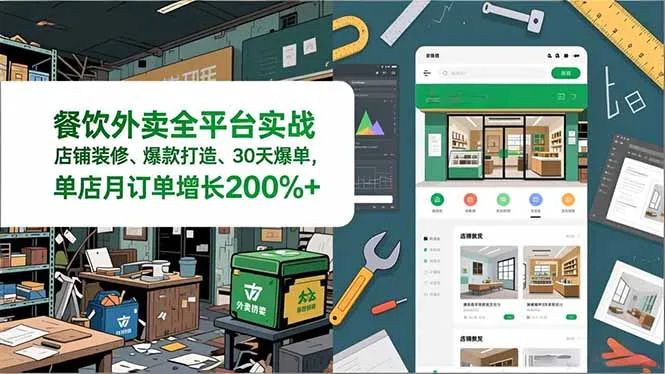 餐饮外卖全平台实战，店铺装修、爆款打造、30天爆单，手把手教学，单店月订单增长200%+-来缘阁