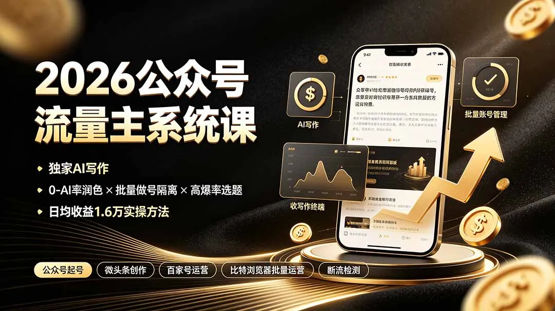 2026公众号流量主系统课：独家AI写作×0-AI率润色×批量做号隔离×高爆率选题，日均收益1.6万实操方法-来缘阁