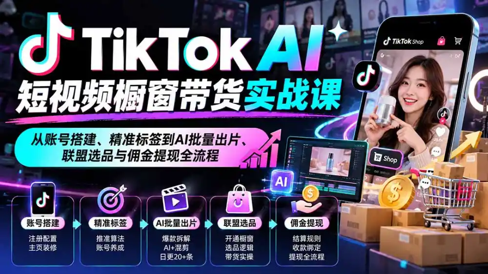 TikTok AI短视频橱窗带货实战课：从账号搭建、精准标签到AI批量出片、联盟选品与佣金提现全流程-来缘阁