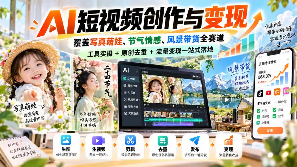 AI短视频创作与变现，覆盖写真萌娃、节气情感、风景带货全赛道，工具实操+原创去重+流量变现一站式落地-来缘阁