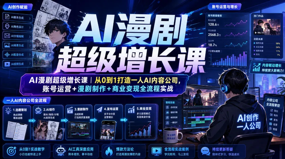 AI漫剧超级增长课|从0到1打造一人AI内容公司,账号运营+漫剧制作+商业变现全流程实战-来缘阁