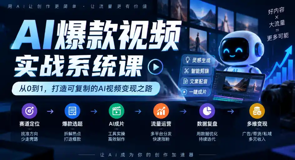 AI爆款视频实战系统课|赛道定位、爆款选题、AI成片、流量运营、数据复盘、多维变现全链路教学-来缘阁
