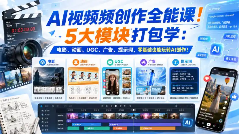 AI视频频创作全能课!5大模块打包学:电影、动画、UGC、广告、提示词,零基础也能玩转AI创作!【原创双语字幕】-来缘阁