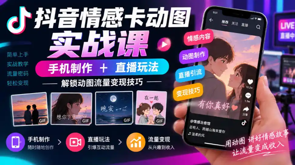 抖音情感卡动图实战课｜手机制作+直播玩法，解锁动图流量变现技巧-来缘阁