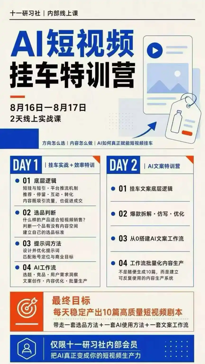 AI短视频挂车生产力8月16-17线上课实战营：2天掌握选品方法+AI使用方法+文案工作流，建立每天10篇高质量剧本生产线-来缘阁