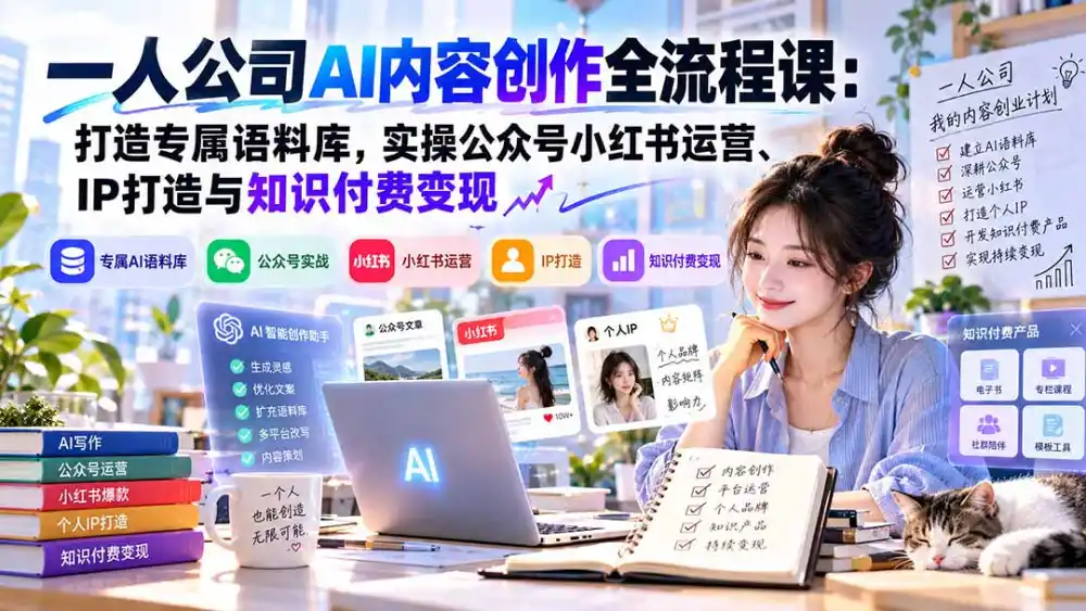 一人公司AI内容创作全流程课：打造专属语料库，实操公众号小红书运营、IP打造与知识付费变现方法论-来缘阁