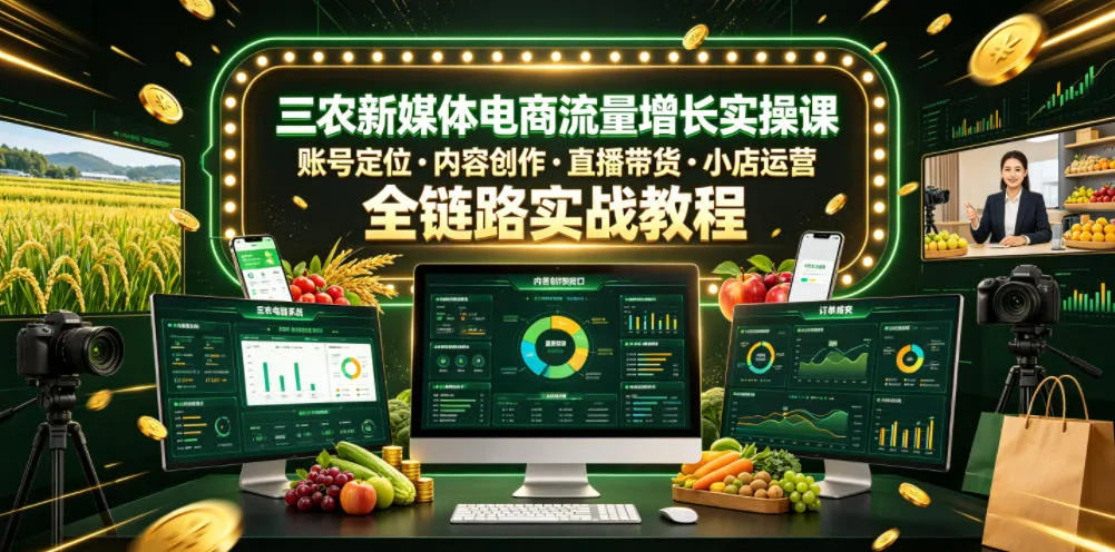 三农新媒体电商流量增长实操课,账号定位・内容创作・直播带货・小店运营,全链路实战教程-来缘阁
