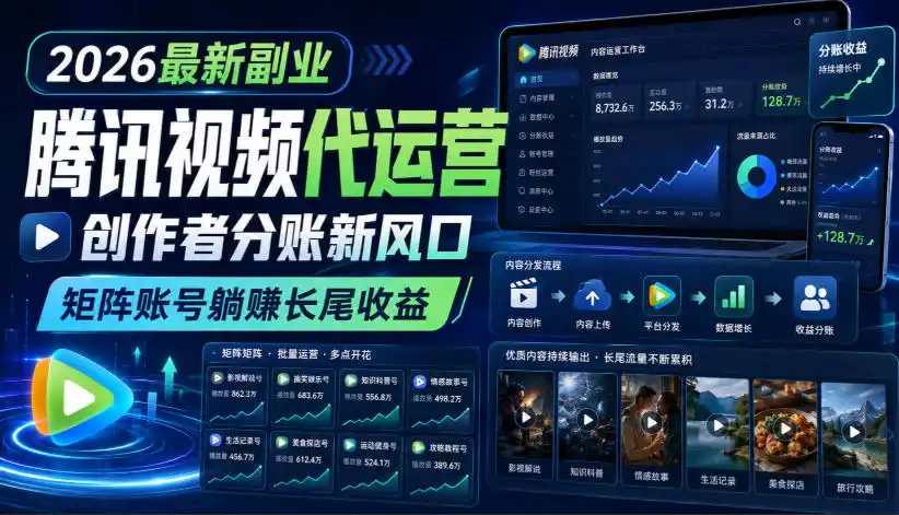 2026最新副业之腾讯视频代运营：创作者分账新风口，矩阵账号躺賺长尾收益【揭秘】-来缘阁