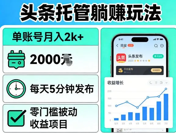 头条托管躺賺玩法，单账号月入2k+，每天5分钟发布即可，零门槛被动收益项目【揭秘】-来缘阁