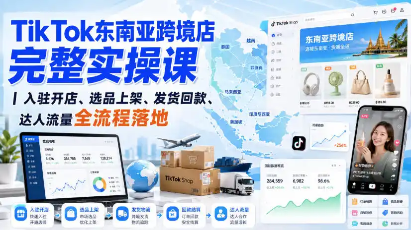 TikTok东南亚跨境店完整实操课|入驻开店、选品上架、发货回款、达人流量全流程落地-来缘阁