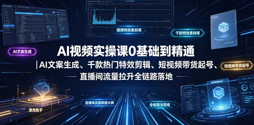 AI视频实操课0基础到精通｜AI文案生成、千款热门特效剪辑、短视频带货起号、直播间流量拉升全链路落地-来缘阁