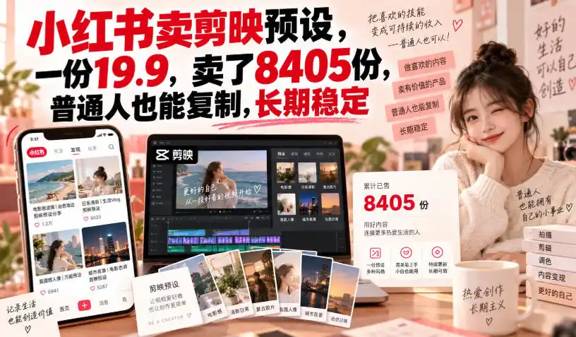 小红书卖剪映预设，一份19.9，卖了8405份，普通人也能复制，长期稳定-来缘阁