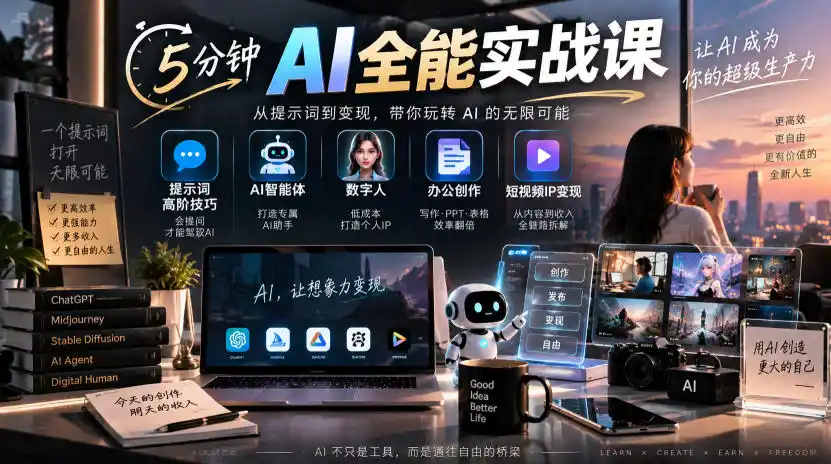 5分钟AI全能实战课｜提示词高阶技巧+AI智能体+数字人+办公创作+短视频IP变现全教程-来缘阁