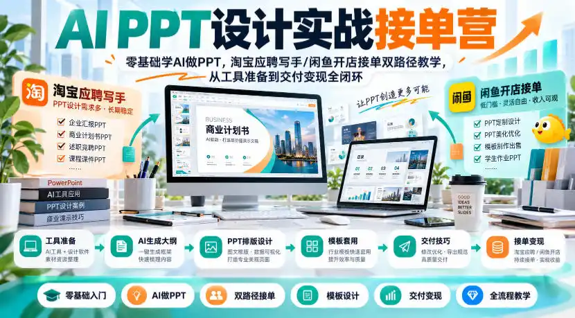 AI PPT设计实战接单营｜零基础学AI做PPT，淘宝应聘写手/闲鱼开店接单双路径教学，从工具准备到交付变现全闭环-来缘阁