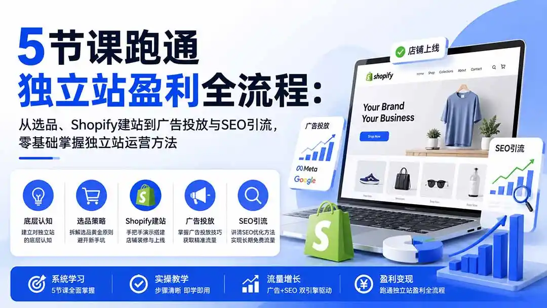 5节课跑通独立站盈利全流程：从选品、Shopify建站到广告投放与SEO引流，零基础掌握独立站运营方法-来缘阁