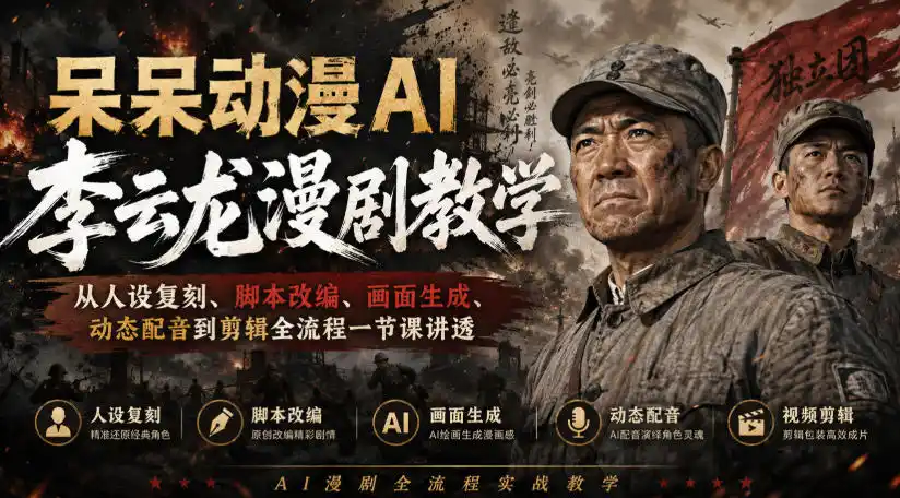 呆呆动漫AI李云龙漫剧教学，从人设复刻、脚本改编、画面生成、动态配音到剪辑全流程一节课讲透-来缘阁