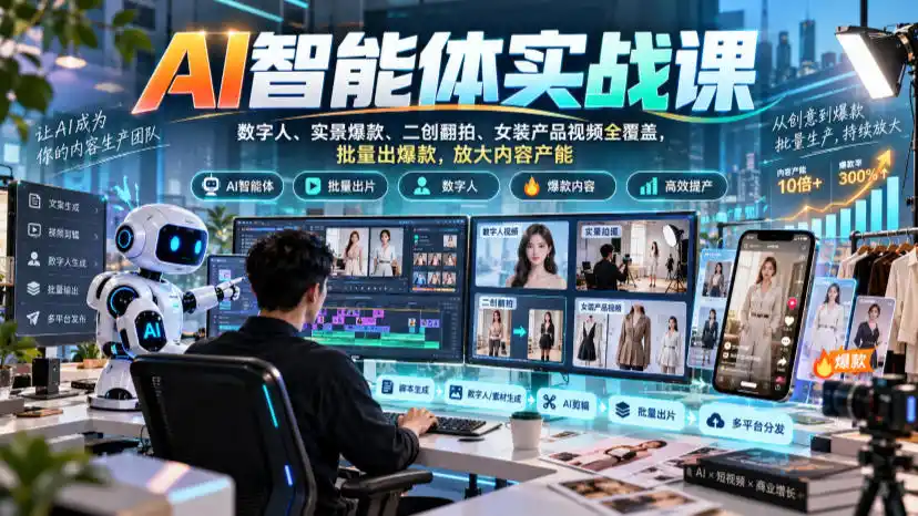 AI智能体实战课,数字人、实景爆款、二创翻拍、女装产品视频全覆盖,批量出爆款,放大内容产能-来缘阁