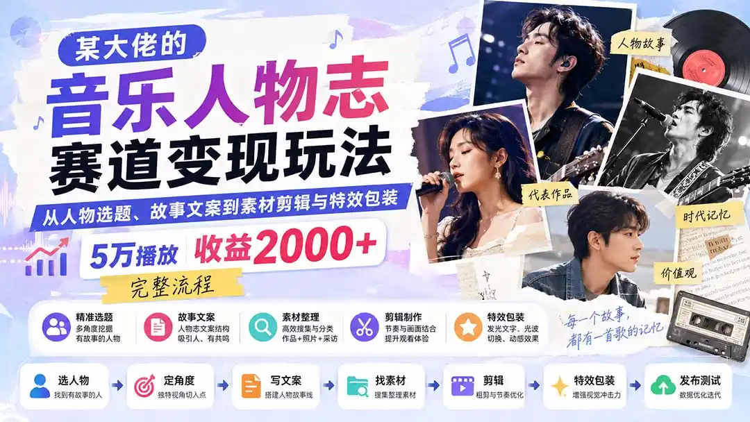 某大佬的音乐人物志赛道变现玩法:从人物选题、故事文案到素材剪辑与特效包装,5万播放收益2000+完整流程-来缘阁