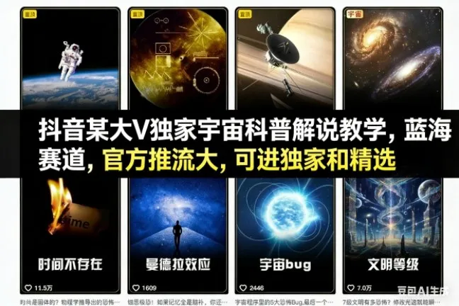 抖音某大V独家宇宙科普解说教学，蓝海赛道，官方推流大，可进独家和精选-来缘阁
